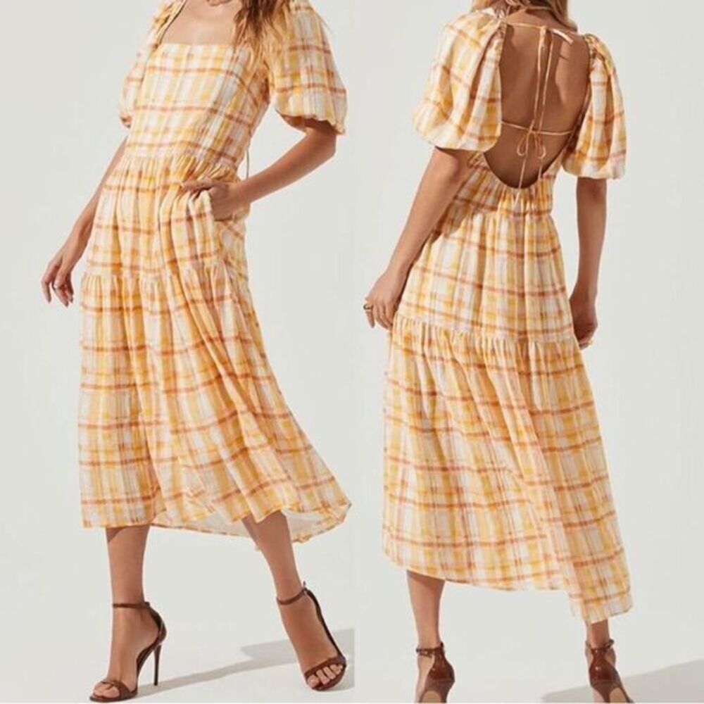 New! New ASTR The Label Ilana‎ Plaid Puff Sleeve Tie Open Back Tiered Midi Dress